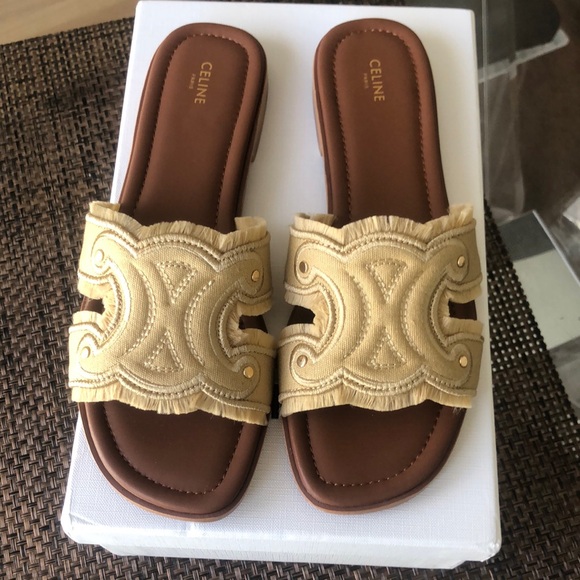 Celine Shoes - Celine Beige Raffia Slide Sandals size 38